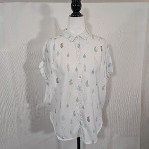 Prana Tencel Button Up Shirt White Feather Fern Print Short Sleeve Medium Boho